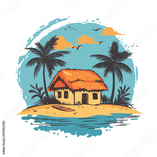 Tropical Island Getaway With Palm Trees And Beach Hut Illustration For Vacation And Travel Design