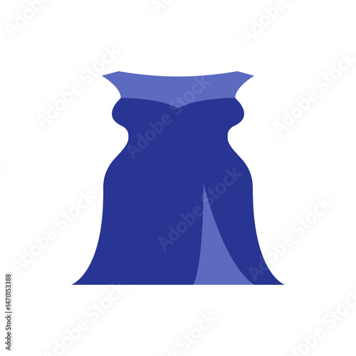 A digitally rendered image of a long blue evening gown with a slit and a sheer neckline design shown