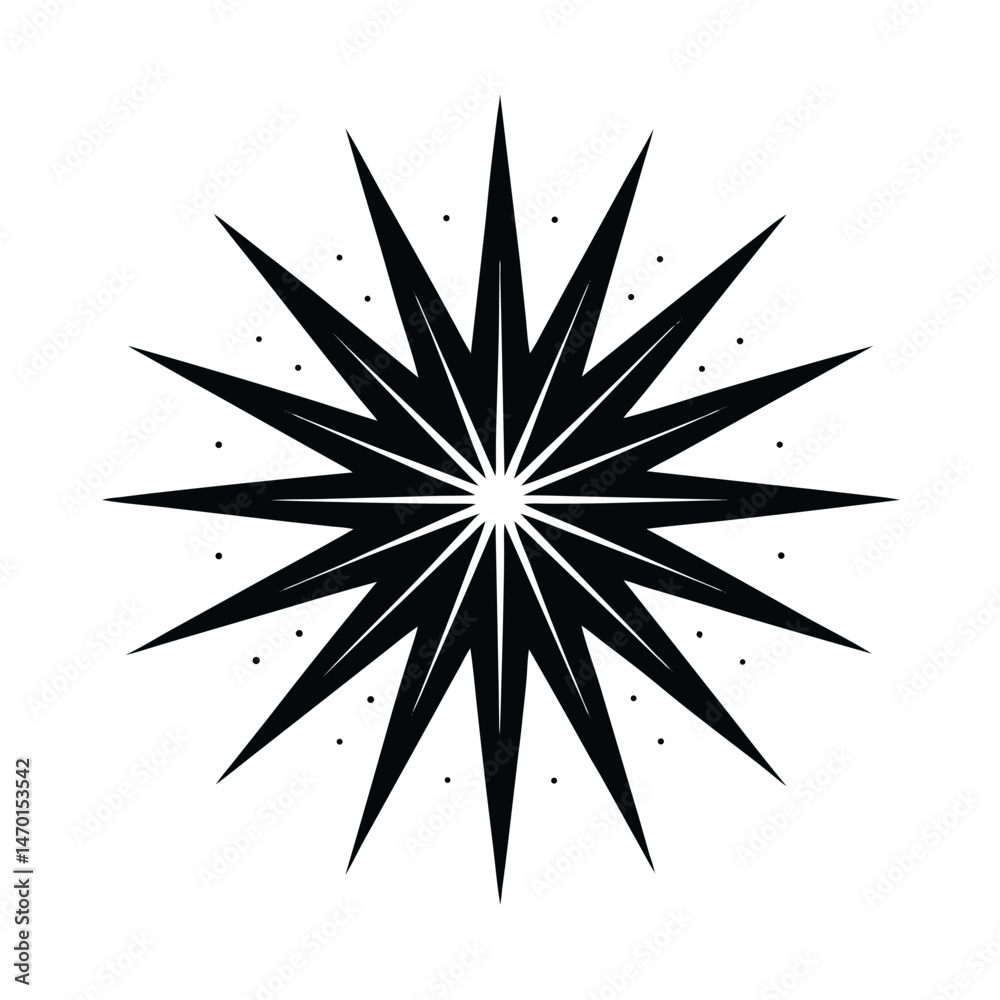 Obraz premium Black and white starburst design with radial symmetry and small dots on a clean white background.