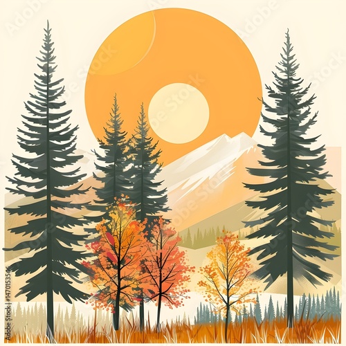 Stunning poster-style illustration showcasing the vibrant Rocky Mountain landscape during autumn with striking sun and colorful trees