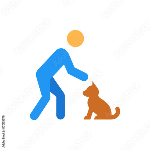Illustration of a blue stick figure reaching towards a brown stylized cat on a white background scene