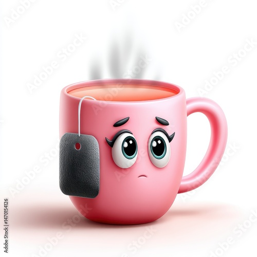 Sad Pink Teacup Cartoon Character 3D Render