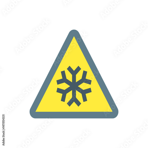A yellow triangle with a gray border containing a gray snowflake symbol in the center of the triangle sign