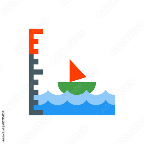 A simple illustration of a boat with a red sail on blue waves next to a gray and orange measuring stick