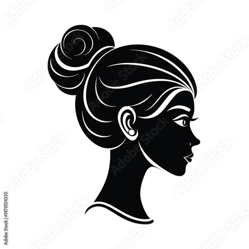 Elegant black and white silhouette of a woman with a stylish updo hairstyle on a white background