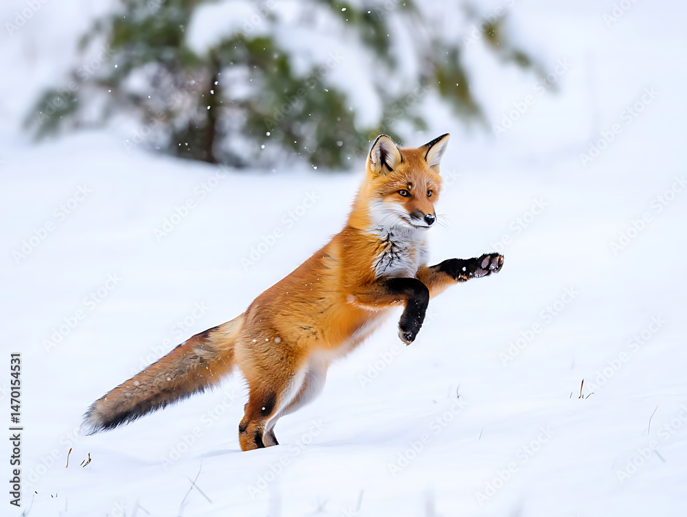 Obraz premium Red Fox Sitting in a Snowy Winter Landscape with Evergreen Trees