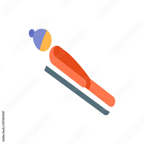 A stylized depiction of a ski jumper in mid air with a blue and yellow hat and orange suit on skis sliding down