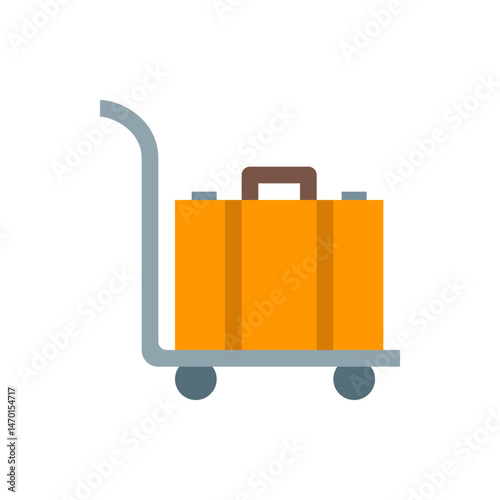 A luggage cart with an orange suitcase and a gray handle and wheels is shown in a simple vector illustration