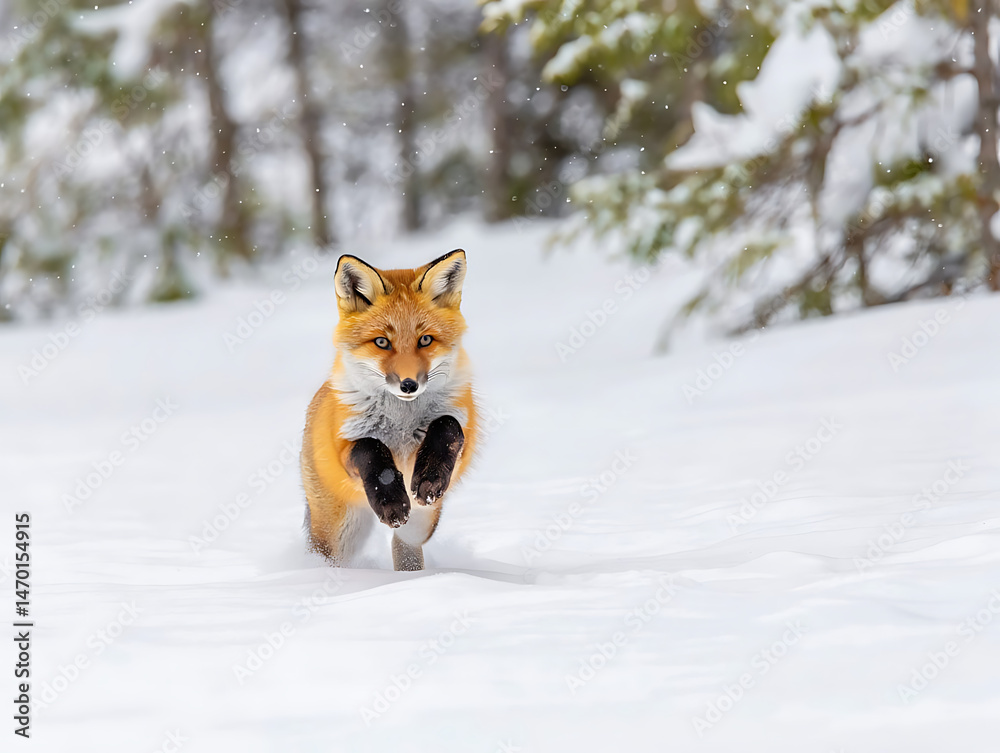 Obraz premium Red Fox Sitting in a Snowy Winter Landscape with Evergreen Trees
