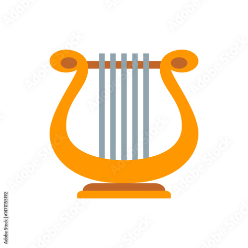 Illustration of a golden lyre with a brown base and silver strings on a white background showing details