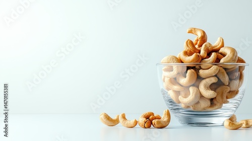 An arrangement of elegant cashews piled high in a glass bowl, showcasing their natural beauty and serving as a symbol of healthy and enjoyable snacking.