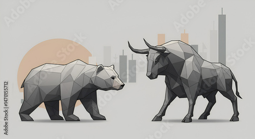 Low poly bear and bull facing each other on a soft gray background with a financial chart