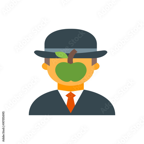 Man with bowler hat and apple covering face in surreal style with suit and tie illustration art