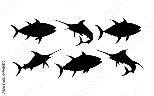 Silhouette illustration of tuna and marlin fish swimming in different directions