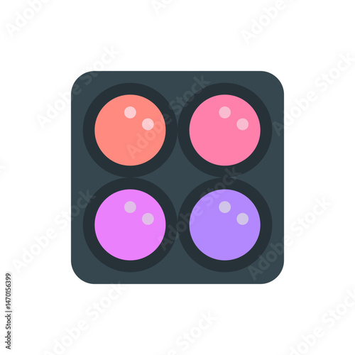 Illustration of a makeup palette with four round pans of different colors and a gray rectangular base
