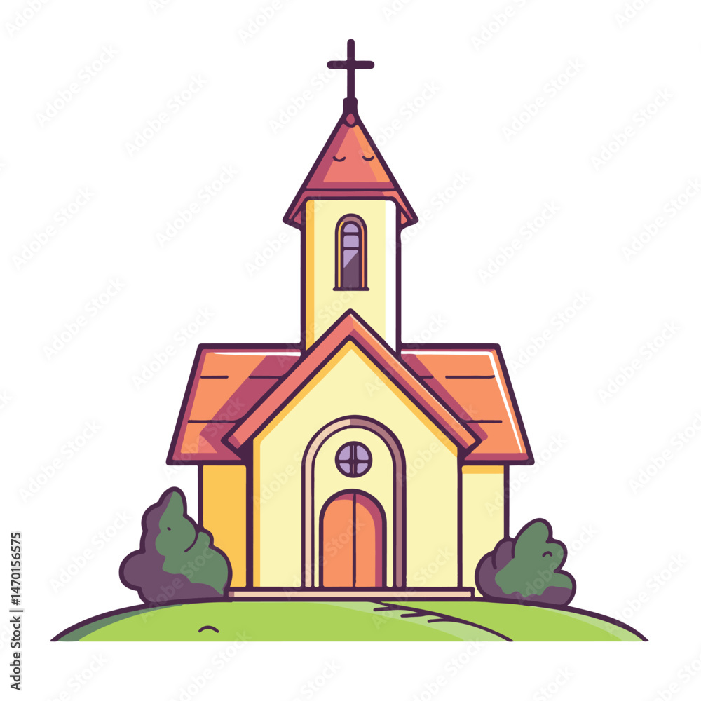 Naklejka premium Cute Cartoon Church Illustration With Cross On Top Standing On A Green Hill With Bushes