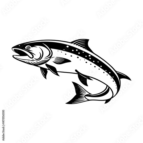 Illustration of a leaping salmon with detailed fins and distinctive spotted pattern silhouette