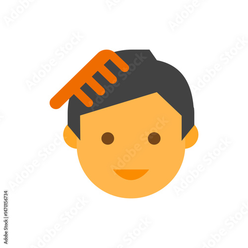 Illustration of a person with an orange comb in their hair, smiling with dark hair and tan skin tone face