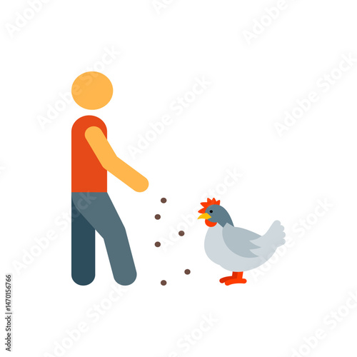 Illustration of a person with orange skin feeding a light gray chicken with small brown pellets on a white background