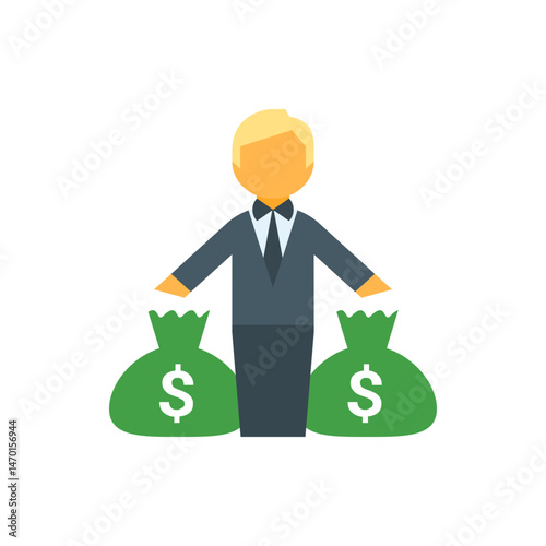 Illustration of a businessman standing with two green money bags each displaying a dollar sign icon design