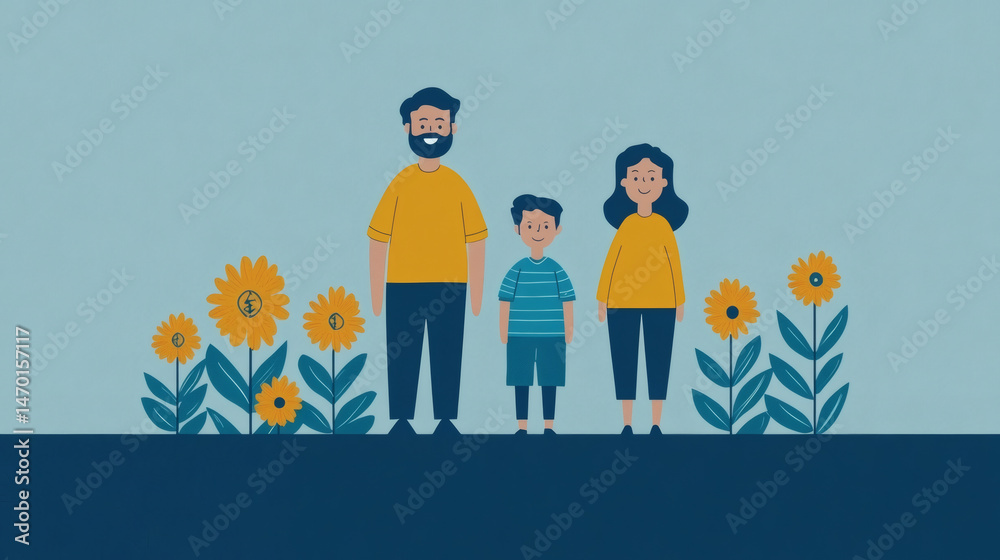Fototapeta premium Happy family illustration father mother and son with floral elements