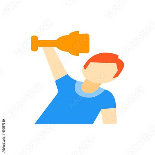 Illustration of a man with red hair wearing a blue shirt holding an orange trophy above his head high up