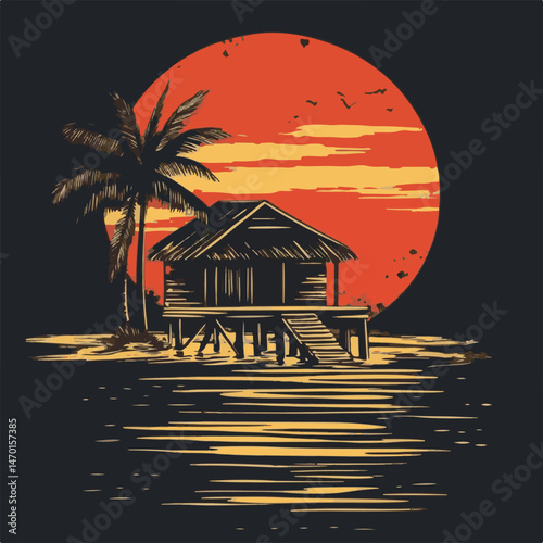 Tropical Sunset Beach Hut With Palm Tree Silhouette Vector Illustration