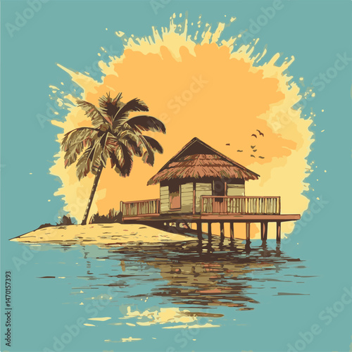 Tropical Island Getaway With Palm Trees And Overwater Bungalow Vacation Paradise Destination
