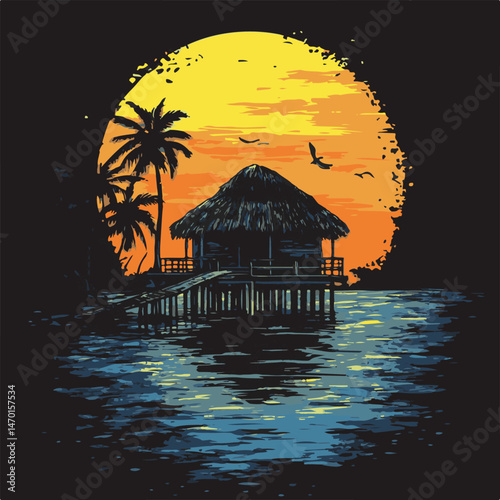 Tropical Sunset Hut On Water With Palm Trees Silhouette Graphic Illustration