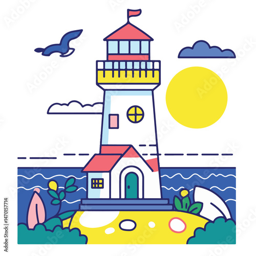 Lighthouse By The Sea With Seagull Sun And Tropical Flora Illustration Vector Design