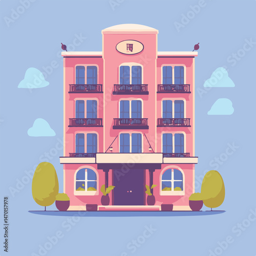 Elegant Pink Hotel Facade With Balconies And Simple Trees Flat Vector Illustration