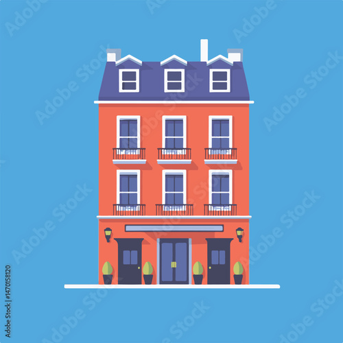 Flat Design Of A Charming Red Building With Balconies On A Clean Blue Background