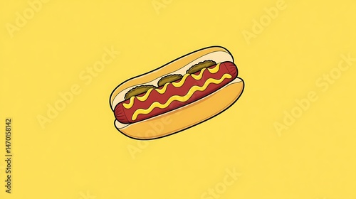 Hot dog with mustard, and yellow background.