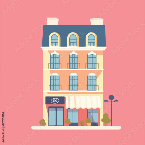 Charming Three Story Building Illustration Facade With Balconies And Shopfront In Flat Vector Style