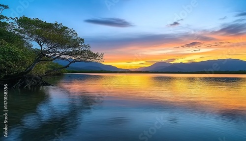 River with mangroves at sunset, mountains, colorful sky reflection.