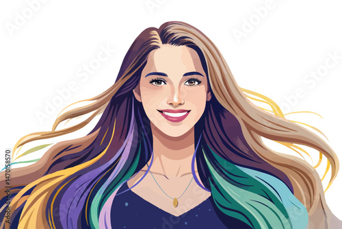 Beautiful smiling young woman with long flowing hair and radiant skin wearing a white top, confidently posing against white isolated background. Perfect for skincare, fashion, wellness, lifestyle