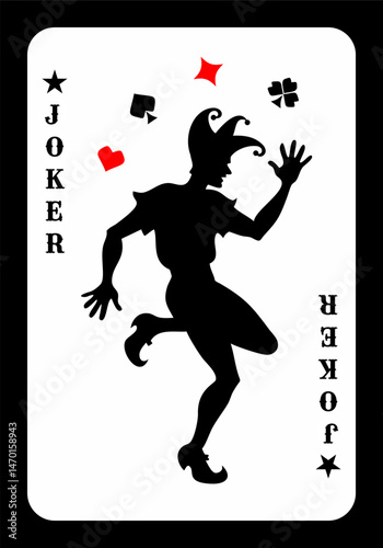 Original design of the Joker playing card. Black Joker, playing card with the image of a silhouette of a dancing jester. Vector illustration