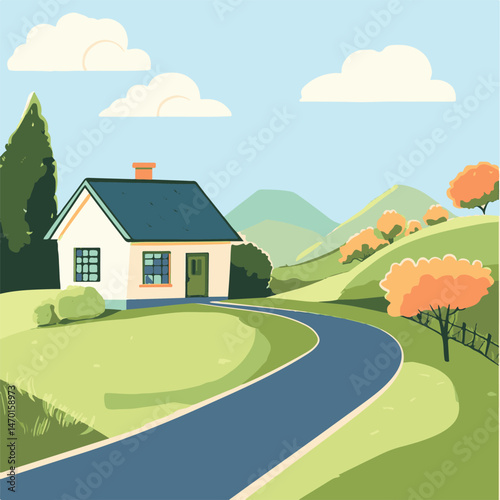 Countryside Home Vector Illustration With Rolling Hills And Winding Road Surrounded By Trees Under A Blue Sky