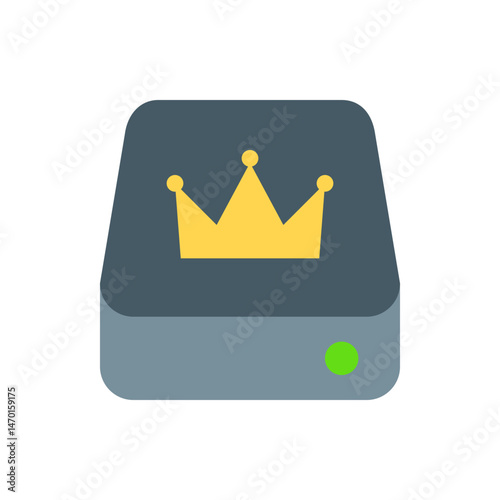 Stylized hard drive icon with a golden crown on top and a green indicator light in the lower right corner