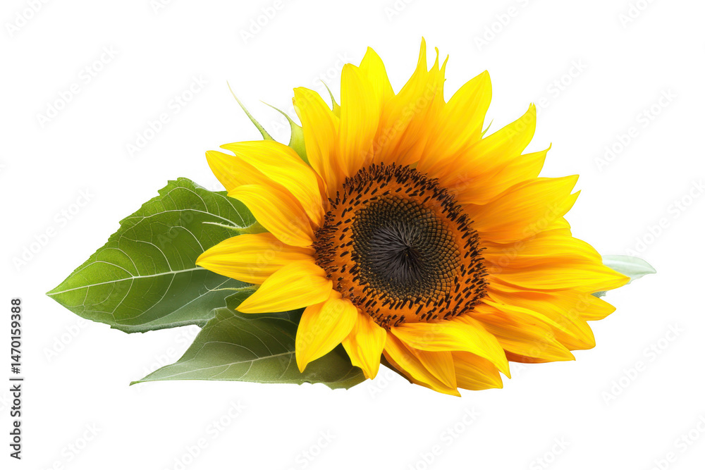 Obraz premium Single sunflower with leaves isolated on transparent background