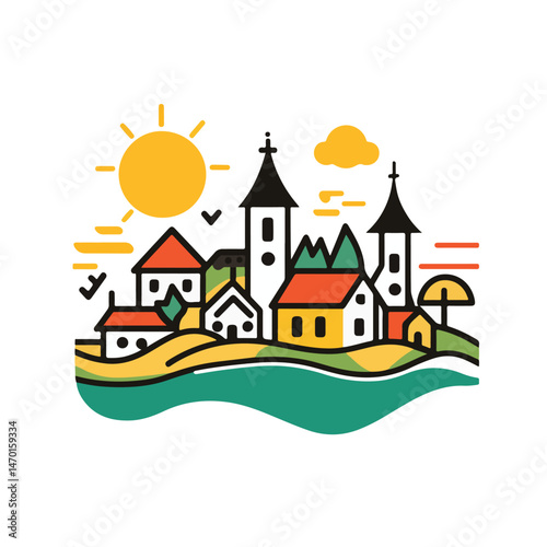 Wallpaper Mural Colorful Minimalist Village Illustration With Sun And Birds Vector Graphic Design Artwork Torontodigital.ca