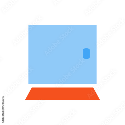 A simple illustration of a light blue door with a handle and an orange rectangular floor mat design