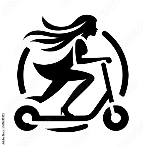 Woman Riding Kick Scooter Icon Logo Vector Black White