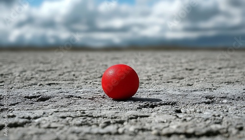 Single red sphere on a cracked, gray plain under a cloudy sky.