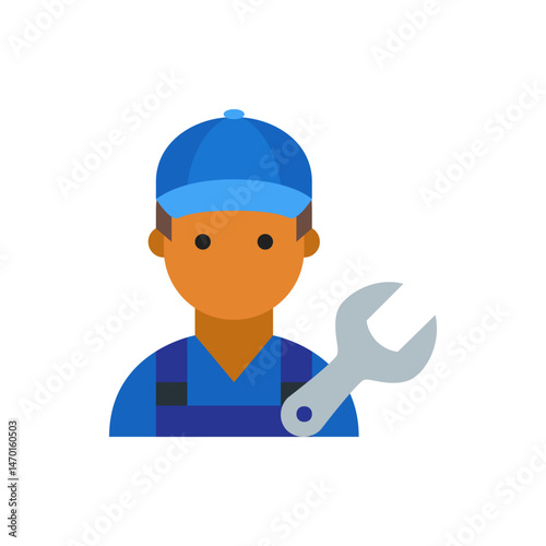 Illustration of a mechanic with a blue cap and overalls holding a wrench in a simple cartoon style