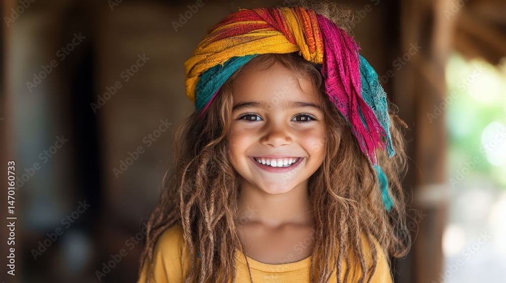 This bright and cheerful girl, adorned with a lively head wrap, shares an infectious smile, capturing the spirit of joy and cultural richness in a warm, inviting atmosphere of childhood play. This bright and cheerful girl, adorned with a lively head wrap, shares an infectious smile, capturing the spirit of joy and cultural richness in a warm, inviting atmosphere of childhood play.
