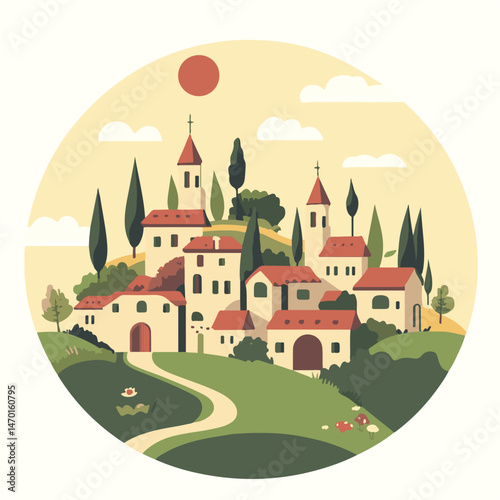Illustrated Italian Village Hillside With Path Trees And Churches Flat Vector Art In A Circular Design