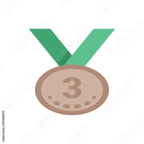 A bronze medal with a green ribbon and the number three in the center of the medal illustration art