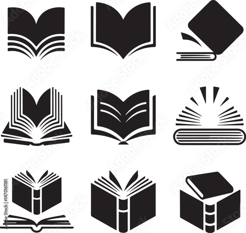  Black and white icons of open books displayed on a white background.