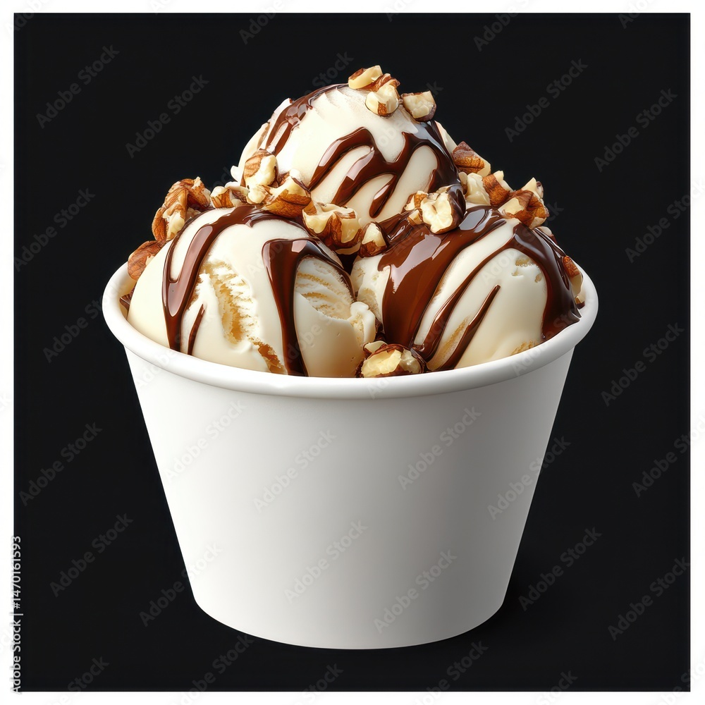 Creamy vanilla ice cream, topped with chocolate and pecans Creamy vanilla ice cream, topped with chocolate and pecans